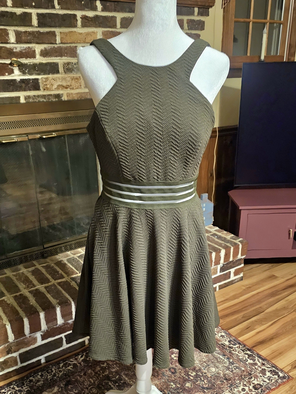 City Studios Olive Green Textured Fit-and-Flare Mini Dress with Striped Waist